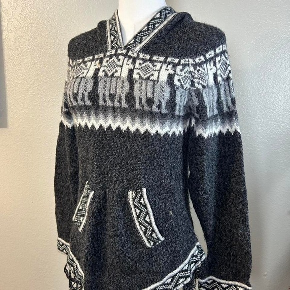 Native Spirits 100% Alpaca Llama Knit Hoodie Sweater Poncho Top Fringe Hem - Picture 4 of 6